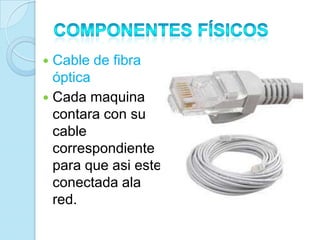  Cable de fibra
  óptica
 Cada maquina
  contara con su
  cable
  correspondiente
  para que asi este
  conectada ala
  red.
 