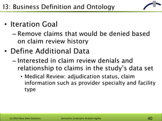 I3: Business Definition and Ontology
• Iteration Goal
– Remove claims that would be denied based
on claim review history
•...