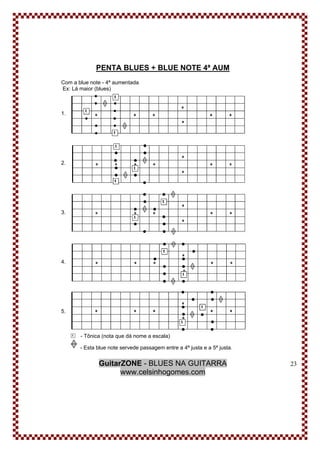 GuitarZONE - BLUES NA GUITARRA
www.celsinhogomes.com
23
PENTA BLUES + BLUE NOTE 4ª AUM
Com a blue note - 4ª aumentada
Ex: Lá maior (blues)
1.
2.
3.
4.
5.
- Tônica (nota que dá nome a escala)
- Esta blue note servede passagem entre a 4ª justa e a 5ª justa.
 