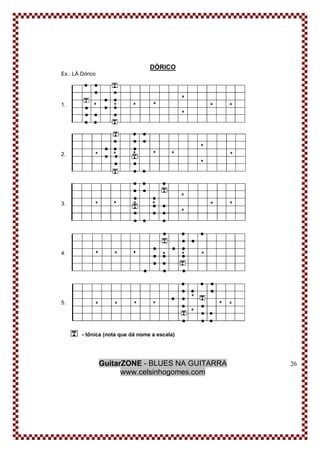 GuitarZONE - BLUES NA GUITARRA
www.celsinhogomes.com
26
DÓRICO
Ex.: LÁ Dórico
1.
2.
3.
4.
5.
- tônica (nota que dá nome a escala)
 