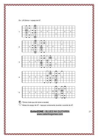 GuitarZONE - BLUES NA GUITARRA
www.celsinhogomes.com
27
Ex.: LÁ Dórico + arpejo de A7
1.
2.
3.
4.
5.
- Tônica (nota que dá nome a escala)
-Notas do arpejo de A7 - repouso consonante durante o acorde de A7.
 