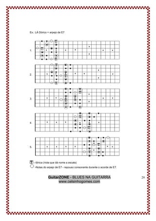 GuitarZONE - BLUES NA GUITARRA
www.celsinhogomes.com
29
Ex.: LÁ Dórico + arpejo de E7
1.
2.
3.
4.
5.
- tônica (nota que dá nome a escala)
-Notas do arpejo de E7 - repouso consonante durante o acorde de E7.
 