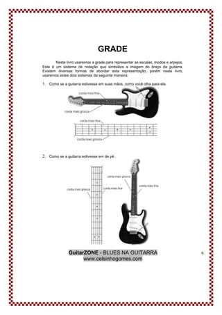 GuitarZONE - BLUES NA GUITARRA
www.celsinhogomes.com
6
GRADE
Neste livro usaremos a grade para representar as escalas, modos e arpejos.
Este é um sistema de notação que simboliza a imagem do braço da guitarra.
Existem diversas formas de abordar esta representação, porém neste livro,
usaremos estes dois sistemas da seguinte maneira:
1. Como se a guitarra estivesse em suas mãos, como você olha para ela.
2. Como se a guitarra estivesse em de pé .
 
