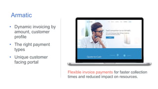 Flexible invoice payments for faster collection
times and reduced impact on resources.
Armatic
• Dynamic invoicing by
amount, customer
profile
• The right payment
types
• Unique customer
facing portal
 