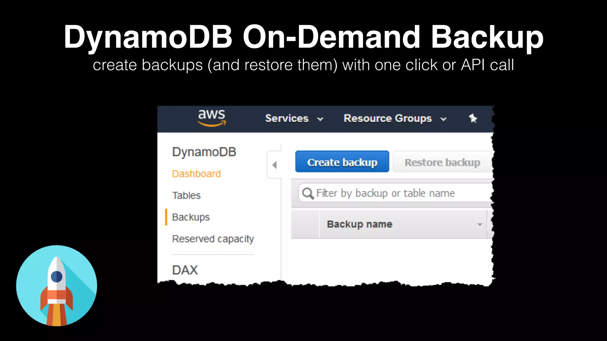 DynamoDB On-Demand Backup
create backups (and restore them) with one click or API call
 