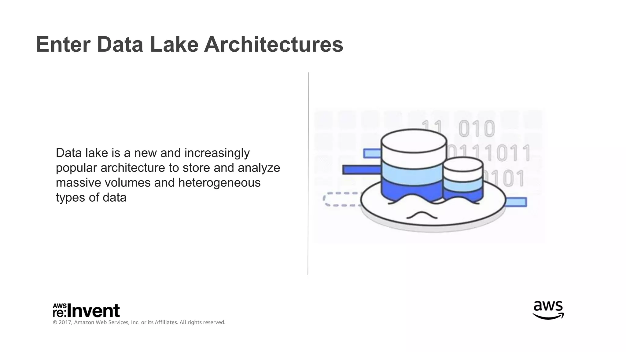 © 2017, Amazon Web Services, Inc. or its Affiliates. All rights reserved.
Enter Data Lake Architectures
Data lake is a new and increasingly
popular architecture to store and analyze
massive volumes and heterogeneous
types of data
 