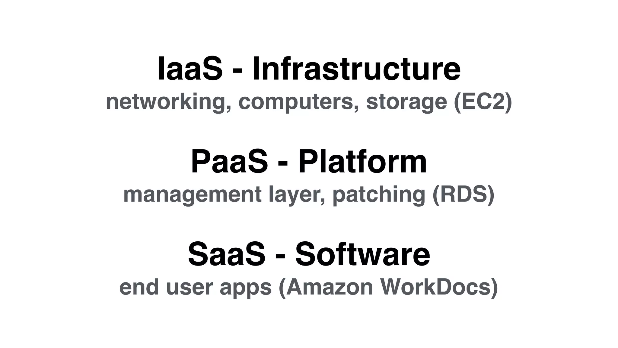 IaaS - Infrastructure
networking, computers, storage (EC2)
PaaS - Platform
management layer, patching (RDS)
SaaS - Software
end user apps (Amazon WorkDocs)
 