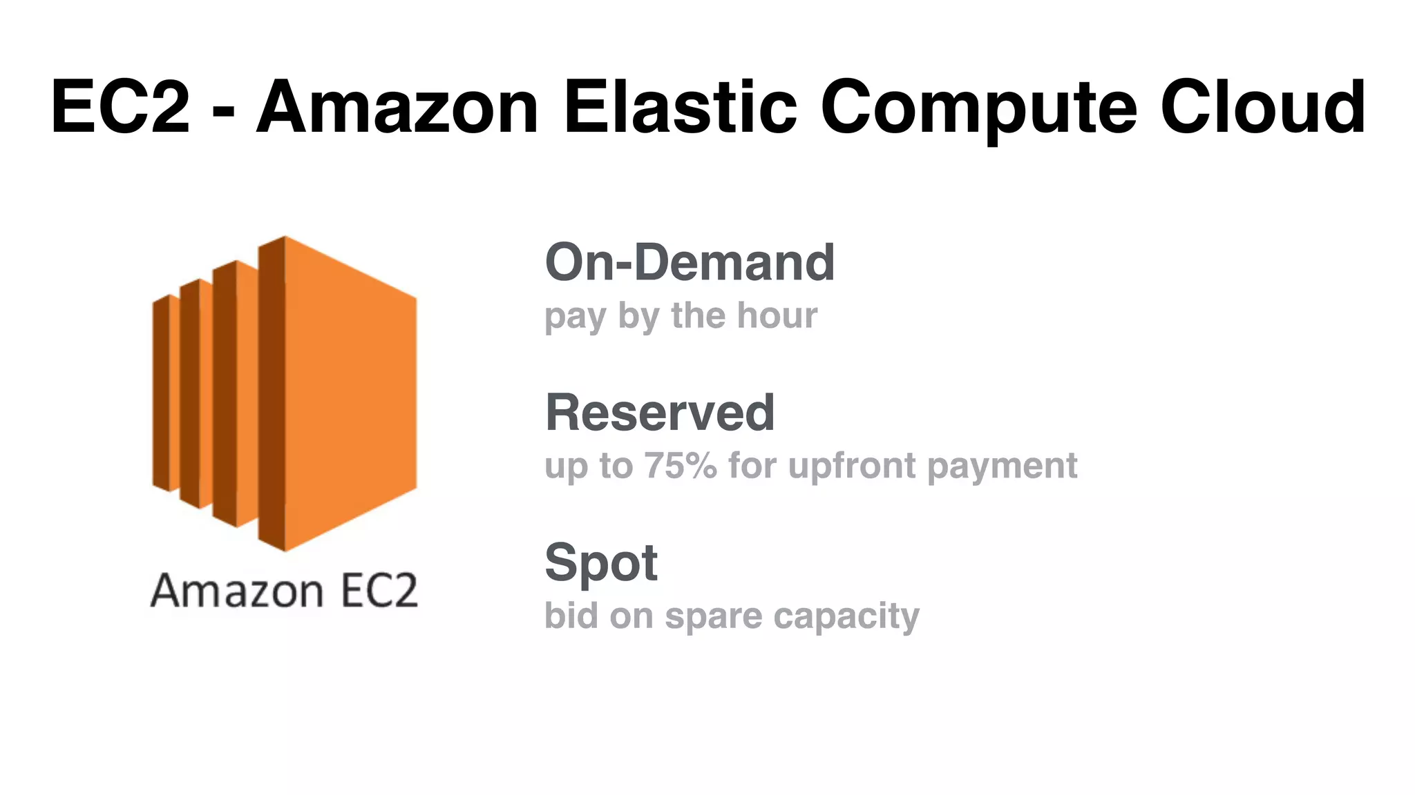 EC2 - Amazon Elastic Compute Cloud
On-Demand
pay by the hour
Reserved
up to 75% for upfront payment
Spot
bid on spare capacity
 