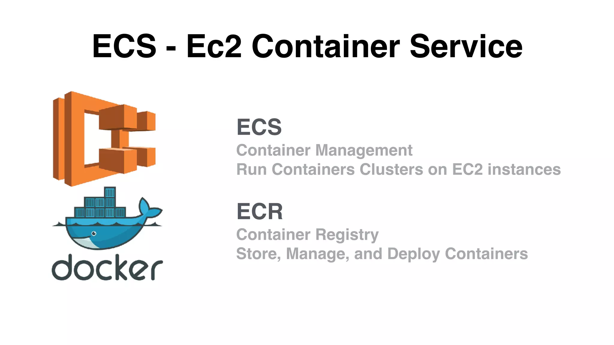 ECS - Ec2 Container Service
ECS
Container Management
Run Containers Clusters on EC2 instances
ECR
Container Registry
Store, Manage, and Deploy Containers
 