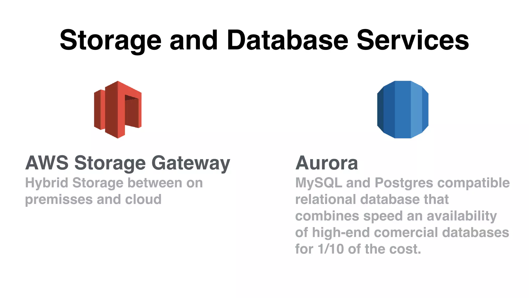 Storage and Database Services
Aurora
MySQL and Postgres compatible
relational database that
combines speed an availability
of high-end comercial databases
for 1/10 of the cost.
AWS Storage Gateway
Hybrid Storage between on
premisses and cloud
 