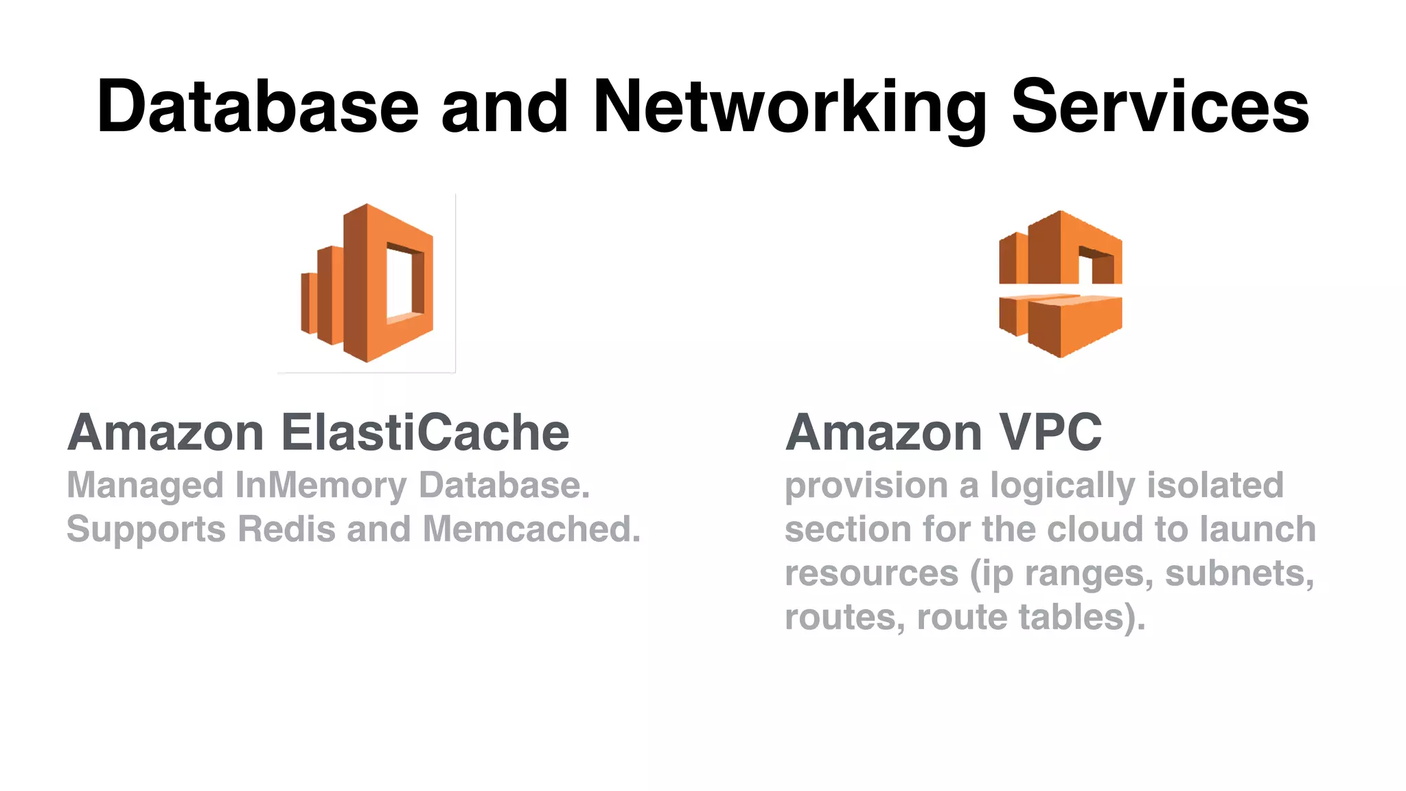 Database and Networking Services
Amazon VPC
provision a logically isolated
section for the cloud to launch
resources (ip ranges, subnets,
routes, route tables).
Amazon ElastiCache
Managed InMemory Database.
Supports Redis and Memcached.
 