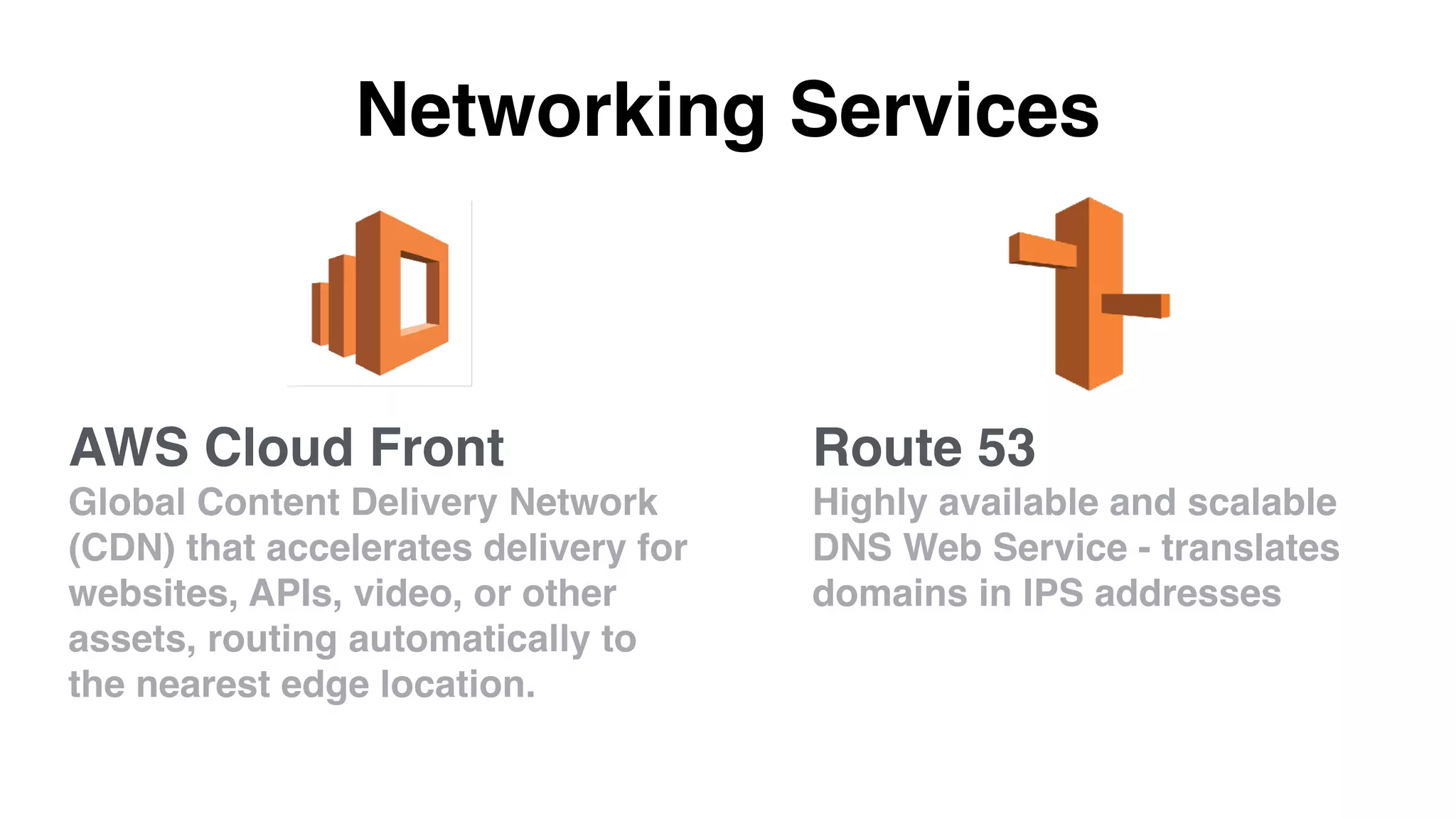 Networking Services
Route 53
Highly available and scalable
DNS Web Service - translates
domains in IPS addresses
AWS Cloud Front
Global Content Delivery Network
(CDN) that accelerates delivery for
websites, APIs, video, or other
assets, routing automatically to
the nearest edge location.
 