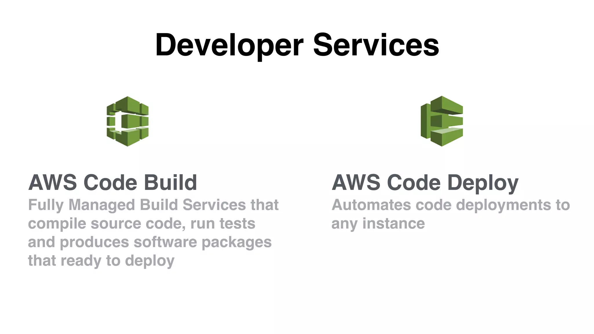 Developer Services
AWS Code Deploy
Automates code deployments to
any instance
AWS Code Build
Fully Managed Build Services that
compile source code, run tests
and produces software packages
that ready to deploy
 
