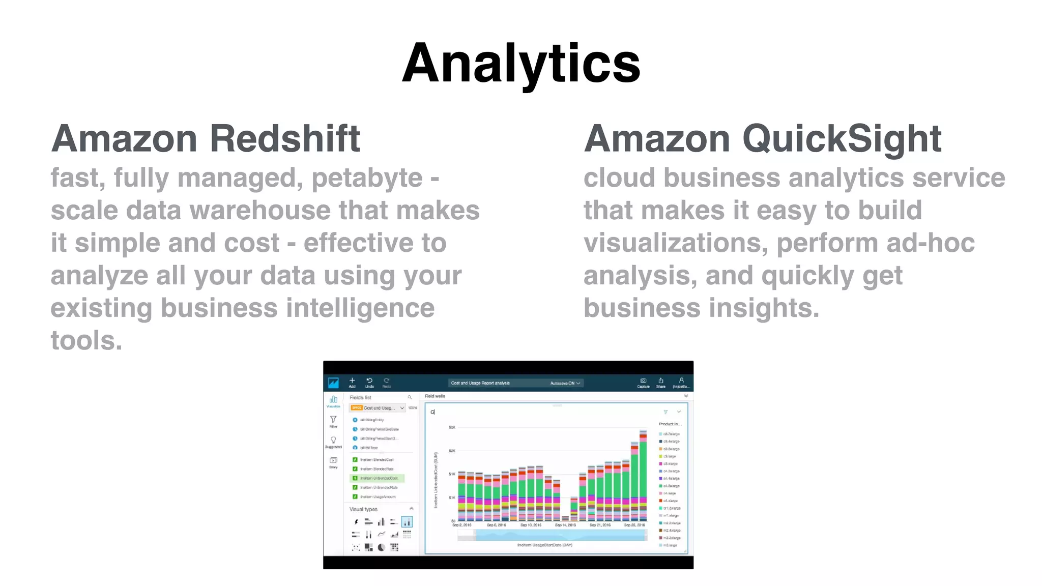 Analytics
Amazon QuickSight
cloud business analytics service
that makes it easy to build
visualizations, perform ad-hoc
analysis, and quickly get
business insights.
Amazon Redshift
fast, fully managed, petabyte -
scale data warehouse that makes
it simple and cost - effective to
analyze all your data using your
existing business intelligence
tools.
 