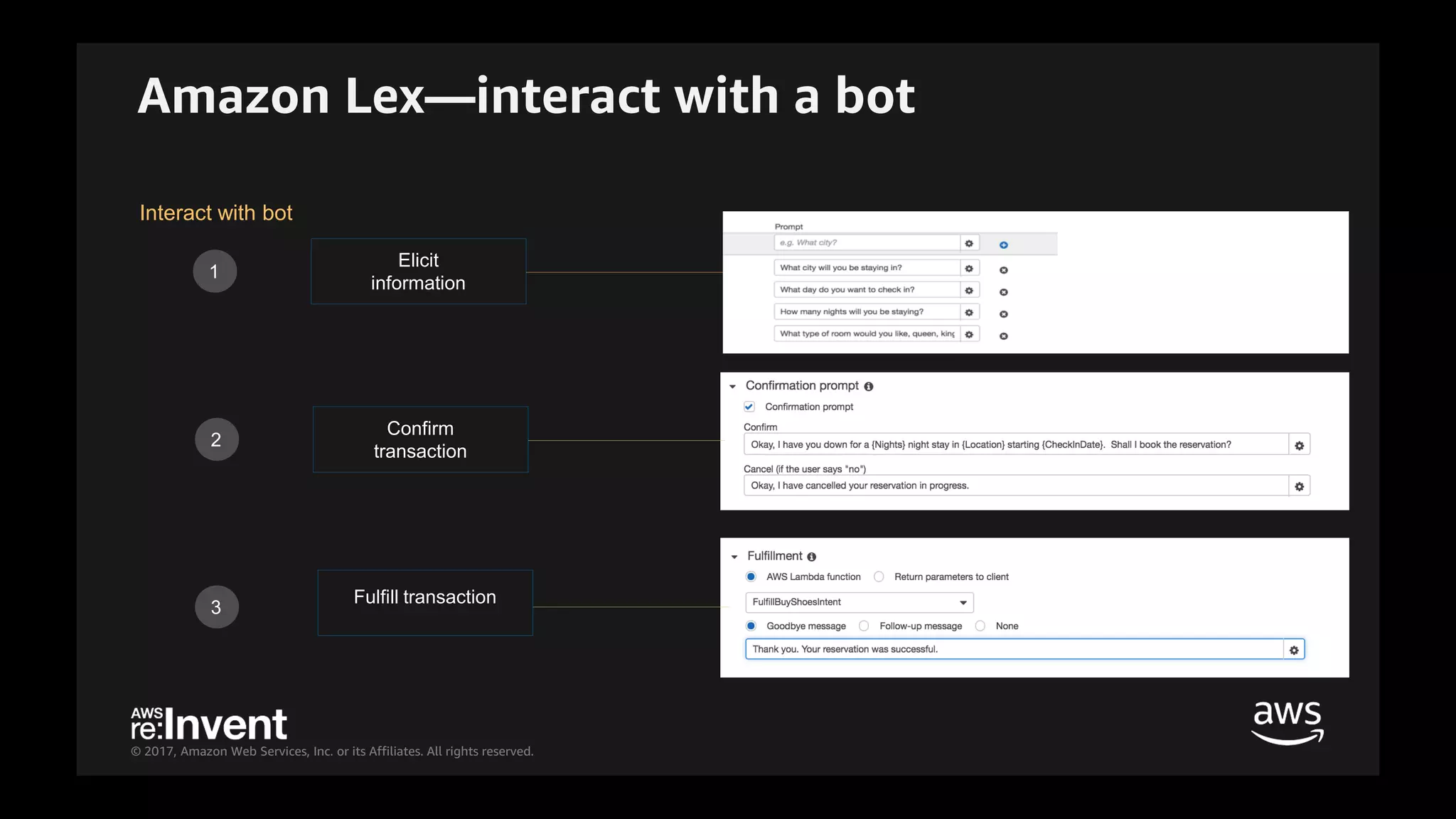 © 2017, Amazon Web Services, Inc. or its Affiliates. All rights reserved.
2
3
Confirm
transaction
Fulfill transaction
1
Elicit
information
Interact with bot
Amazon Lex—interact with a bot
 