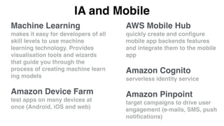 IoT
AWS IoT
connect devices to AWS
AWS Greengrass
run local compute, lambda,
messaging, caching, syncing for
connected dev...