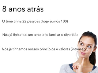 8 anos atrás
O time tinha 22 pessoas (hoje somos 100)
Nós já tínhamos um ambiente familiar e divertido
Nós já tínhamos nossos princípios e valores (intrínseco)
 