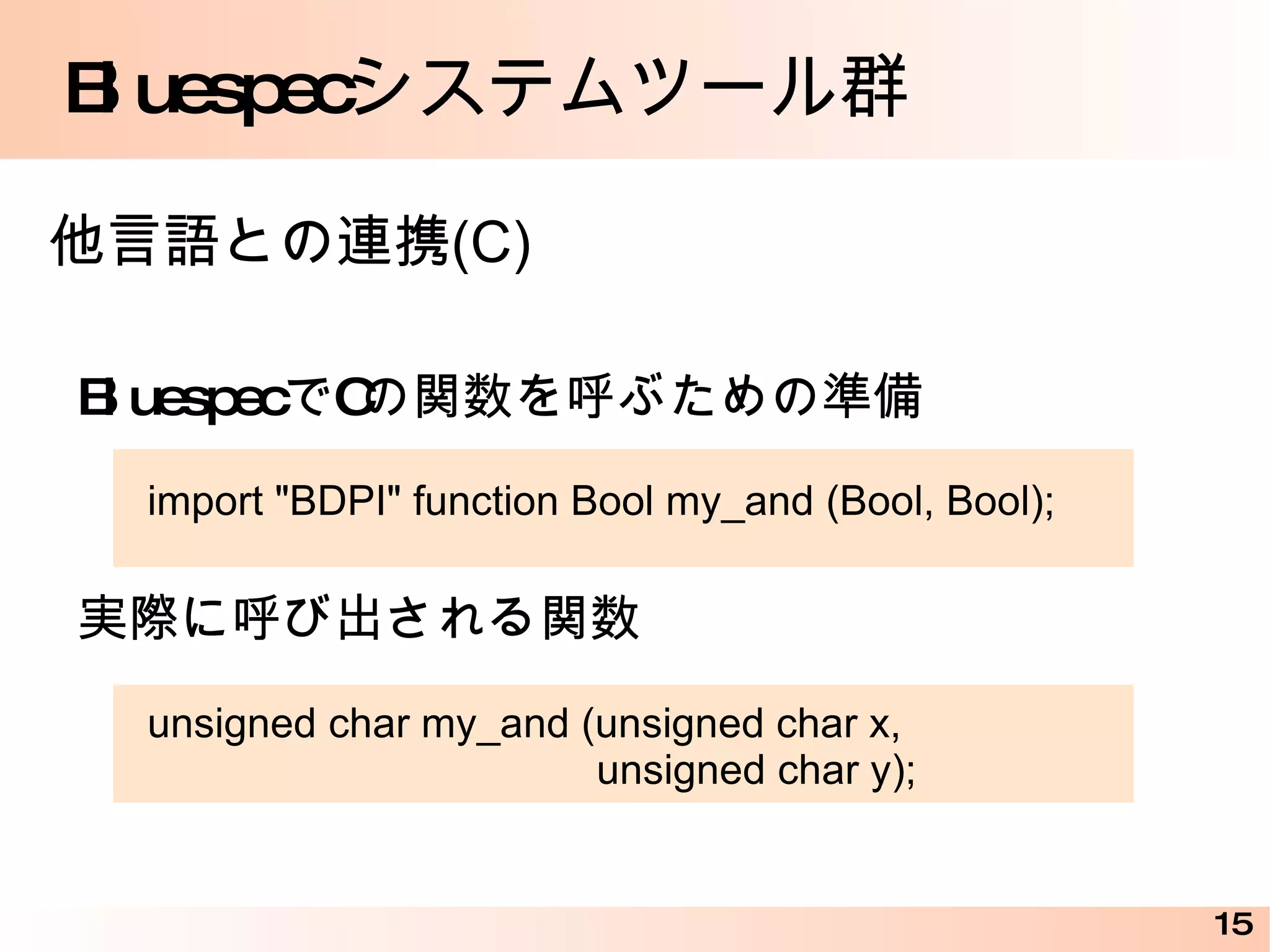 Bluespec デザインコンテストのサンプル interface BubSort_IFC; method Action start(Vector#(5, int) a); method Vector#(5, int) result(); endinterface start result int int int int int int int int int int BubSort_IFC start() result() 