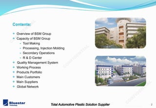 2
201402 v3.1 mold
Contents:
+ Overview of BSM Group
+ Capacity of BSM Group
- Tool Making
- Processing, Injection Molding
- Secondary Operations
- R & D Center
+ Quality Management System
+ Working Process
+ Products Portfolio
+ Main Customers
+ Main Suppliers
+ Global Network
 