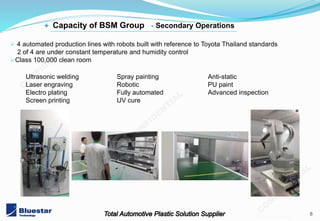 8
201402 v3.1 mold
 4 automated production lines with robots built with reference to Toyota Thailand standards
2 of 4 are under constant temperature and humidity control
Class 100,000 clean room
Ultrasonic welding
Laser engraving
Electro plating
Screen printing
Spray painting
Robotic
Fully automated
UV cure
Anti-static
PU paint
Advanced inspection
+ Capacity of BSM Group - Secondary Operations
 