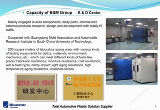 9
201402 v3.1 mold
• Mainly engaged in auto components, body parts, internal and
external products research, design and development with totally19
staffs.
• Cooperate with Guangdong Mold Association and Automobile
Research Institute in South China University of Technology.
• 200 square meters of laboratory space area, with various kinds
of testing equipments for optics, materials, environment,
mechanics, etc, which can meet different kinds of tests like
product abrasion resistance, moisture resistance, cold resistance,
wet & heat cycle, hardy impact, light aging resistance, high
temperature aging resistance, materials tensile.
+ Capacity of BSM Group - R & D Center
 