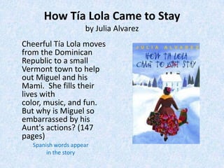 How Tía Lola Came to Stay
                     by Julia Alvarez
Cheerful Tía Lola moves
from the Dominican
Republic to a small
Vermont town to help
out Miguel and his
Mami. She fills their
lives with
color, music, and fun.
But why is Miguel so
embarrassed by his
Aunt's actions? (147
pages)
   Spanish words appear
        in the story
 