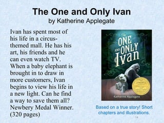 14
The One and Only Ivan
by Katherine Applegate
Ivan has spent most of
his life in a circus-
themed mall. He has his
art, his friends and he
can even watch TV.
When a baby elephant is
brought in to draw in
more customers, Ivan
begins to view his life in
a new light. Can he find
a way to save them all?
Newbery Medal Winner.
(320 pages)
Based on a true story! Short
chapters and illustrations.
 