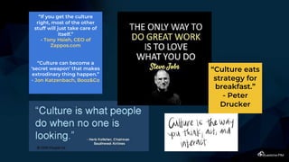 “If you get the culture
right, most of the other
stuff will just take care of
itself.”
- Tony Hsieh, CEO of
Zappos.com
“Culture can become a
‘secret weapon’ that makes
extrodinary thing happen.”
- Jon Katzenbach, Booz&Co
“Culture eats
strategy for
breakfast.”
- Peter
Drucker
 