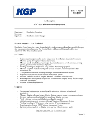 Issue 1, Rev B
9/30/2009
PRINTED VERSIONS ARE UNCONTROLLED
Page 1 of 4
Job Description
JOB TITLE: Distribution Center Supervisor
Department: Distribution Operations
Employee:
Reports to: Distribution Center Manager
DISTRIBUTION CENTER SUPERVISOR:
Distribution Center Supervisors rotate through the following departments and may be responsible for more
than one department simultaneously. The Essential Duties and Responsibilities are listed for each
department. Other duties may be assigned.
RECEIVING:
 Supervise and train personnel to receive and put away all product per documented procedures
 Maintain quality of receipt and put away transactions
 Maintain records for all inbound receipts per documented processes as well as non-conforming
product, purchase order, or damaged shipments.
 Working knowledge of RF processes using Intermec RF scanning equipment
 Maintain acceptable production and quality levels to ensure the performance metrics of the
business are met
 Ability to maintain accurate inventory utilizing a Warehouse Management System
 Experience using Exceed 4000 Warehouse Management System
 Performs scheduled reviews of assigned personnel. Documents corrective action.
 Conduct periodic meetings with assigned staff to communicate company policy, process changes,
workloads, safety topics
 Required to be on call periodically.
Shipping
 Supervise and train shipping, personnel to achieve corporate objectives in quality and
productivity
 Manages shipping orders and assigns shipping duties as required to meet customer commitments
 Develop, implement, and maintain effective outbound shipping processes.
 Work within and promote established safety and quality standards
 Ability to maintain accurate inventory utilizing a Warehouse Management System
 Working knowledge of RF processes using Intermec RF scanning equipment
 Experience using Exceed 4000 Warehouse Management System
 Perform root cause analysis on shipping errors and lead efforts to improve quality
 