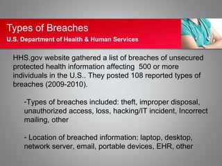 Types of Breaches
U.S. Department of Health & Human Services


  HHS.gov website gathered a list of breaches of unsecured
  protected health information affecting 500 or more
  individuals in the U.S.. They posted 108 reported types of
  breaches (2009-2010).

     -Types of breaches included: theft, improper disposal,
     unauthorized access, loss, hacking/IT incident, Incorrect
     mailing, other

     - Location of breached information: laptop, desktop,
     network server, email, portable devices, EHR, other
 