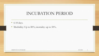 INCUBATION PERIOD
• 6-10 days.
• Morbidity: Up to 80%; mortality: up to 50%.
24-09-2020ABHIJITH SP CVAS POOKODE 6
 