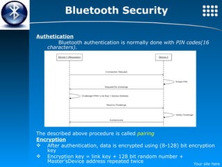 Bluetooth Security Authetication Bluetooth authentication is normally done with  PIN codes(16 characters) .  The described above procedure is called  pairing Encryption After authentication, data is encrypted using (8-128) bit encryption key Encryption key = link key + 128 bit random number + Master’sDevice address repeated twice 