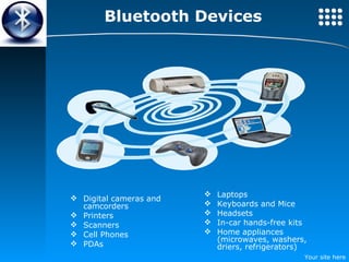Bluetooth Devices Digital cameras and camcorders Printers Scanners Cell Phones PDAs Laptops Keyboards and Mice Headsets In-car hands-free kits Home appliances (microwaves, washers, driers, refrigerators) 