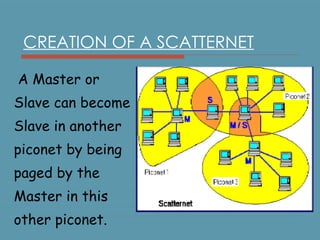 CREATION OF A SCATTERNET A Master or Slave can become Slave in another piconet by being paged by the Master in this other piconet. 