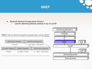 BNEP 
● Bluetooth Network Encapsulation Protocol 
○ used for delivering Network packets on top of L2CAP 
 