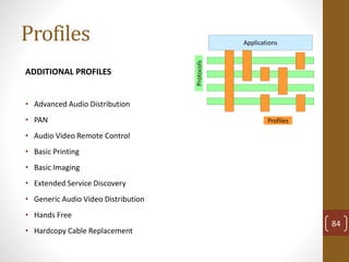 Profiles
ADDITIONAL PROFILES
• Advanced Audio Distribution
• PAN
• Audio Video Remote Control
• Basic Printing
• Basic Imaging
• Extended Service Discovery
• Generic Audio Video Distribution
• Hands Free
• Hardcopy Cable Replacement
Profiles
Protocols
Applications
84
 