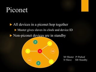 Piconet
 All devices in a piconet hop together
 Master gives slaves its clock and device ID
 Non-piconet devices are in standby
M
S
S
S
P
P
SB
SB
M=Master P=Parked
S=Slave SB=Standby
 