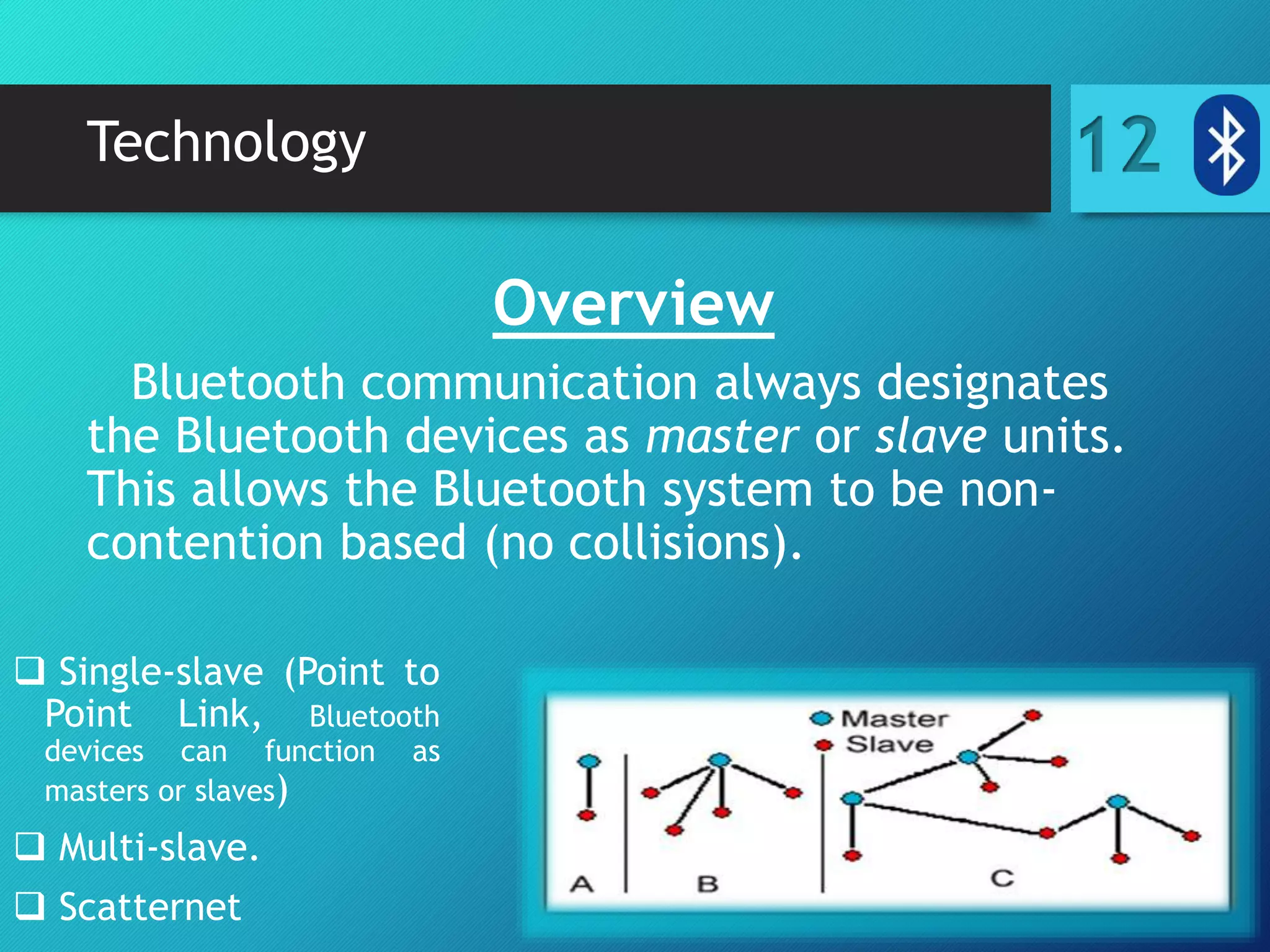 Technology
Overview
Bluetooth communication always designates
the Bluetooth devices as master or slave units.
This allows the Bluetooth system to be non-
contention based (no collisions).
12
 Single-slave (Point to
Point Link, Bluetooth
devices can function as
masters or slaves)
 Multi-slave.
 Scatternet
 