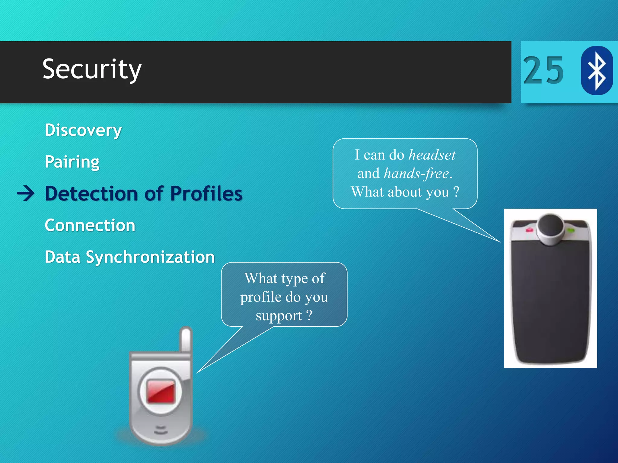 Security 25
Discovery
Pairing
 Detection of Profiles
Connection
Data Synchronization
What type of
profile do you
support ?
I can do headset
and hands-free.
What about you ?
 