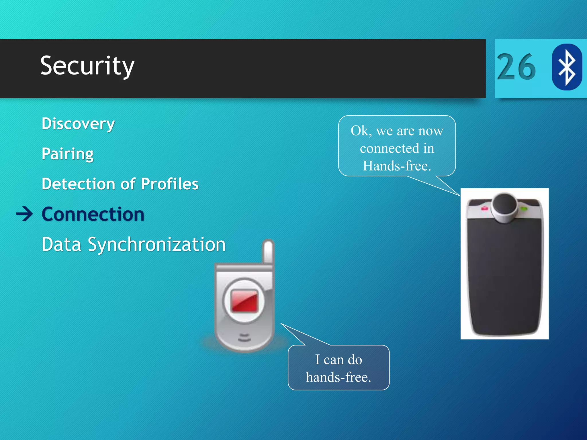 Security 26
Discovery
Pairing
Detection of Profiles
 Connection
Data Synchronization
Ok, we are now
connected in
Hands-free.
I can do
hands-free.
 