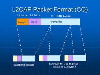 L2CAP Packet Format (CO)
Length DCID Payload
15 bits 16 bits 0 - 64K bytes
Baseband packets Minimum MTU is 48 bytes !
default is 672 bytes !
 