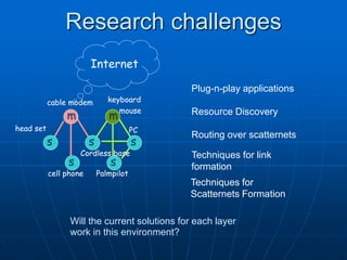 Research challenges
Techniques for link
formation
Routing over scatternets
Resource Discovery
Plug-n-play applications
s
s
m
s
s
s
s
m
s
s
m
s
s
s
m
s
cell phone Palmpilot
cable modem
PC
keyboard
mouse
head set
Cordless base
Internet
Will the current solutions for each layer
work in this environment?
cell phone Palmpilot
cable modem
PC
keyboard
mouse
head set
Cordless base
Techniques for
Scatternets Formation
 