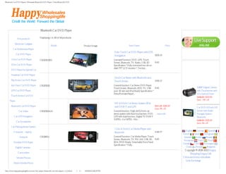 Bluetooth Car DVD Players, Wholesale Bluetooth DVD Player, China Bluetooth DVD




                                           Bluetooth Car DVD Player
                Categories                                                                                                                                                                    Service Center

               Hot products               Displaying 1 to 40 (of 40 products)

           Electronic Gadgets
                                                       Model                                Product Image                           Item Name                              Price
         Car Multimedia Player
                                                                                                                   2 din 7 inch Car DVD Player with GPS                                        Currencies
              Car DVD Player                                                                                                                            $235.19
                                                                                                                   Navigation
                                                                                                                                                                                             US Dollar
       1 Din Car DVD Player               CR023012EG                                                               Gernaral Function: DVD, GPS, Touch
                                                                                                                   Screen, Bluetooth, TV, Radio, USB, SD         Add: 0
       2 Din Car DVD Player                                                                                                                                                                  Specials [more]
                                                                                                                   Specification * Fully motorized two din in-
                                                                                                                   dash TFT LCD monitor * 7 inches...
       DVD Player for Special Car

       Headrest Car DVD Player
                                                                                                                   5 Inch Car Stereo with Bluetooth and
       Flip Down Car DVD Player                                                                                    Touch Screen                                  $165.12
       Sun Visor Car DVD Player           CR023002                                                                 General function: Car Stereo DVD Player,
                                                                                                                   Touch Screen, Bluetooth, RDS, TV, USB        Add: 0                          1080P Digtial Camera
       GPS Car DVD Player                                                                                          port, SD slot and iPod Ready Specification *                                 with Touchscreen and
                                                                                                                   Discs/Formats Played...                                                      12 x Optical Zoom
       Touch Screen Car DVD
                                                                                                                                                                                                $245.29 $209.99
     Player                                                                                                                                                                                     Save: 14% off
                                                                                                                   HD 6.2 Inch Car Stereo System 2Din
       Bluetooth Car DVD Player                                                                                    with DVB-T and GPS                            $311.25 $286.99
                                                                                                                                                                                                Car DVD 6.2 Inch HD
                                                                                                                                                                 Save: 8% off
                Car Video                 CR023031GD                                                               General function: High-def 6.2 inch car                                      Screen with Radio
                                                                                                                   stereo system with fixed touchscreen, DVD, ... more info                     Navigate System
           Car GPS Navigation                                                                                      GPS with dual function, Digital TV DVB-T                                     Bluetooth
                                                                                                                   (MPEG-2 or MPEG-4 for...                                                     $246.90 $226.99
              Car Accessories
                                                                                                                                                                                                Save: 8% off
       Car Parking Sensor System
                                                                                                                   1 Din 4.3 Inch Car Media Player with
                                                                                                                                                                                     English    German      Spanish
          Computer - Laptop -                                                                                      Bluetooth                                     $146.77
                                                                                                                                                                                   French    Italian    Portuguese
                 Netbook                  CR028011                                                                 General Function: Car Media Player, Touch                        Swedish    Arabic     Russian
                                                                                                                   Screen, Bluetooth, TV, FM, AM, USB, SD, Add: 0                   Romanian      Dutch     Hindi
          Portable DVD Player                                                                                      RDS, IPOD Ready, Detachable Front Panel
                                                                                                                                                                                   Danish    Czech      Norwegian
                                                                                                                   Specification * Fully...
            Digital Cameras -                                                                                                                                                         Greek    Finnish     Bulgarian
                                                                                                                                                                                    Copyright © 2006-2012 Happy
               Camcorders                                                                                                                                                                Shopping Happy Life
              Mobile Phones                                                                                                                                                        China electronics whoelsale 网站统
                                                                                                                                                                                   计 Link Exchange 寻找优秀的中国
          Watch Mobile Phone                                                                                                                                                               电子产品供应商

http://www.happyshoppinglife.com/car-dvd-player-bluetooth-car-dvd-player-c-2_8.html（第 1／11 页）6/6/2012 2:26:47 PM
 
