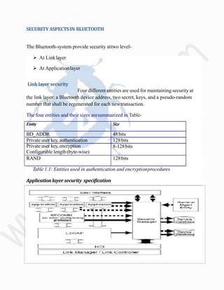Departmentof Electronics& Communication.
SECURITYASPECTSIN BLUETOOTH
The Bluetooth-system provide security attwo level-
 At Linklayer
 At Applicationlayer
Link layer security
Four different entities are used for maintaining security at
the link layer: a Bluetooth device address, two secret, keys, and a pseudo-random
number that shall be regenerated for each newtransaction.
The four entities and their sizes aresummarized in Table-
Table 1.1: Entities used in authentication and encryptionprocedures
Applicationlayer security specification
Entity Size
BD_ADDR 48bits
Private user key, authentication 128bits
Private user key, encryption
Configurable length (byte-wise)
8-128bits
RAND 128bits
 