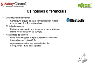 Os nossos diferenciais
• Muito fácil de implementar
• Com alguns cliques se faz a configuração do mestre
e do escravo. Ex: Trombini e Volvo.
• Fácil de demonstrar
• Maleta de automação que podemos em uma visita ao
cliente testar o alcance da solução.
• Flexibilidade da solução
• Variáveis analógicas e digitais podem ser trocadas e
integradas com outros CLPs
• Alguns concorrentes tem uma solução não
configurável – duas caixas pretas

 