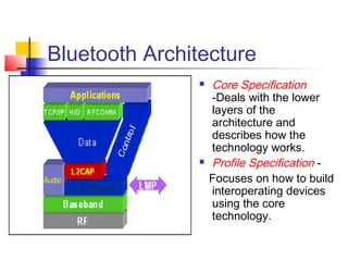 Bluetooth Architecture
                  Core Specification
                   -Deals with the lower
                   layers of the
                   architecture and
                   describes how the
                   technology works.
                  Profile Specification -
                   Focuses on how to build
                   interoperating devices
                   using the core
                   technology.
 
