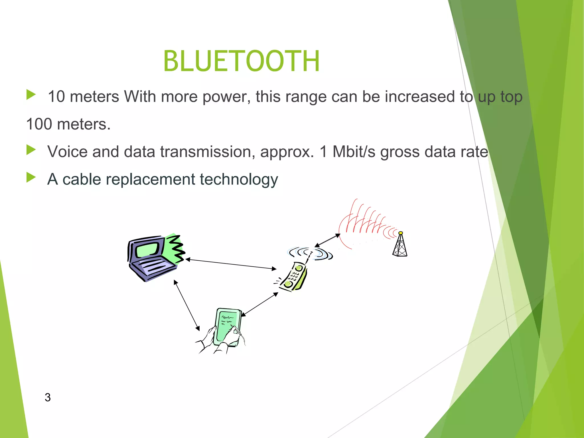 10 meters With more power, this range can be increased to up top
100 meters.
 Voice and data transmission, approx. 1 Mbit/s gross data rate
 A cable replacement technology
3
BLUETOOTH
 