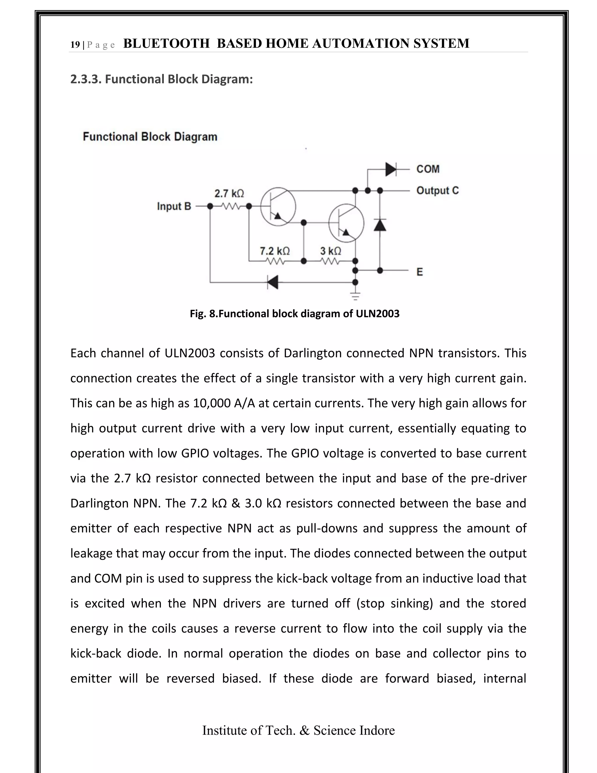 19 | P a g e BLUETOOTH BASED HOME AUTOMATION SYSTEM
Institute of Tech. & Science Indore
2.3.3. Functional Block Diagram:
Fig. 8.Functional block diagram of ULN2003
Each channel of ULN2003 consists of Darlington connected NPN transistors. This
connection creates the effect of a single transistor with a very high current gain.
This can be as high as 10,000 A/A at certain currents. The very high gain allows for
high output current drive with a very low input current, essentially equating to
operation with low GPIO voltages. The GPIO voltage is converted to base current
via the 2.7 kΩ resistor connected between the input and base of the pre-driver
Darlington NPN. The 7.2 kΩ & 3.0 kΩ resistors connected between the base and
emitter of each respective NPN act as pull-downs and suppress the amount of
leakage that may occur from the input. The diodes connected between the output
and COM pin is used to suppress the kick-back voltage from an inductive load that
is excited when the NPN drivers are turned off (stop sinking) and the stored
energy in the coils causes a reverse current to flow into the coil supply via the
kick-back diode. In normal operation the diodes on base and collector pins to
emitter will be reversed biased. If these diode are forward biased, internal
 