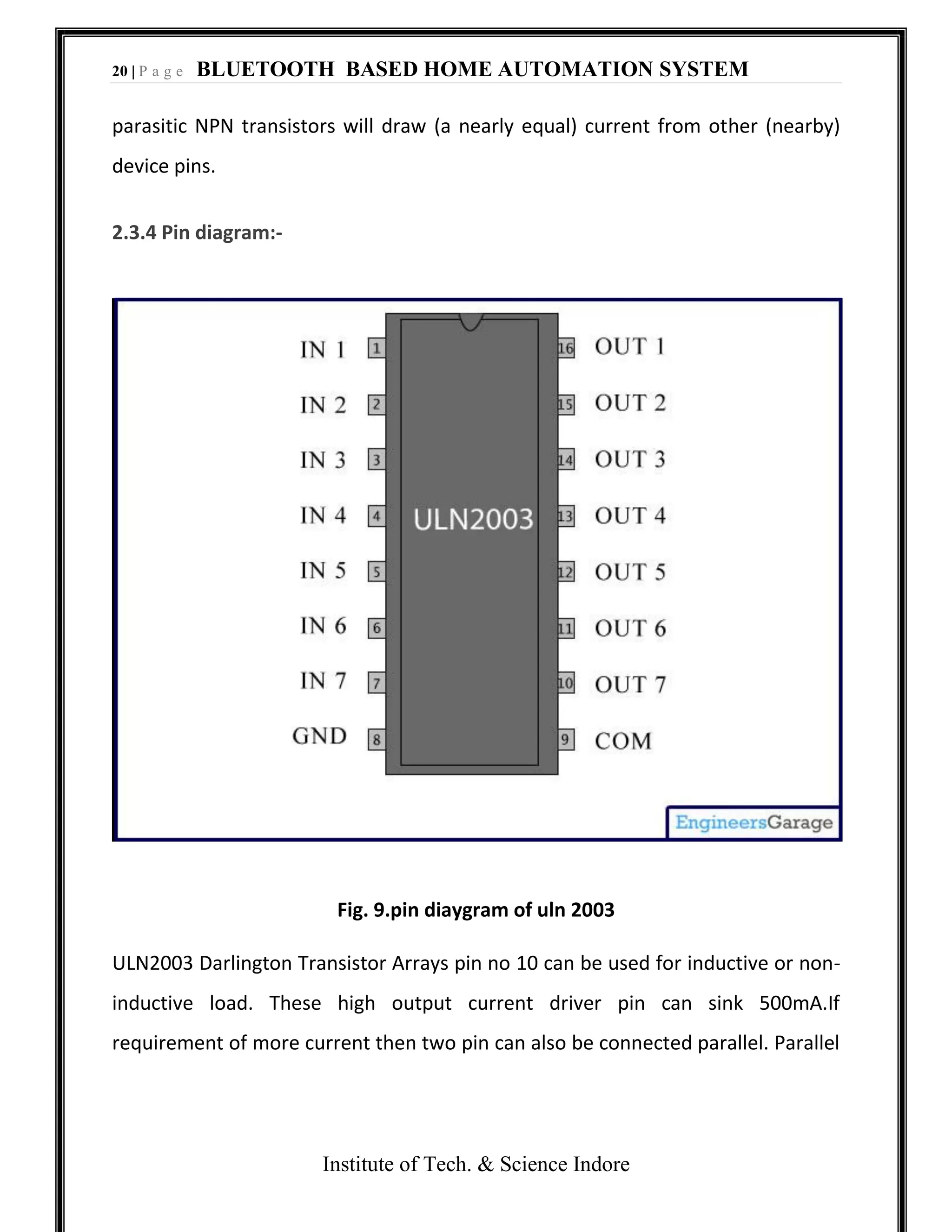 20 | P a g e BLUETOOTH BASED HOME AUTOMATION SYSTEM
Institute of Tech. & Science Indore
parasitic NPN transistors will draw (a nearly equal) current from other (nearby)
device pins.
2.3.4 Pin diagram:-
Fig. 9.pin diaygram of uln 2003
ULN2003 Darlington Transistor Arrays pin no 10 can be used for inductive or non-
inductive load. These high output current driver pin can sink 500mA.If
requirement of more current then two pin can also be connected parallel. Parallel
 