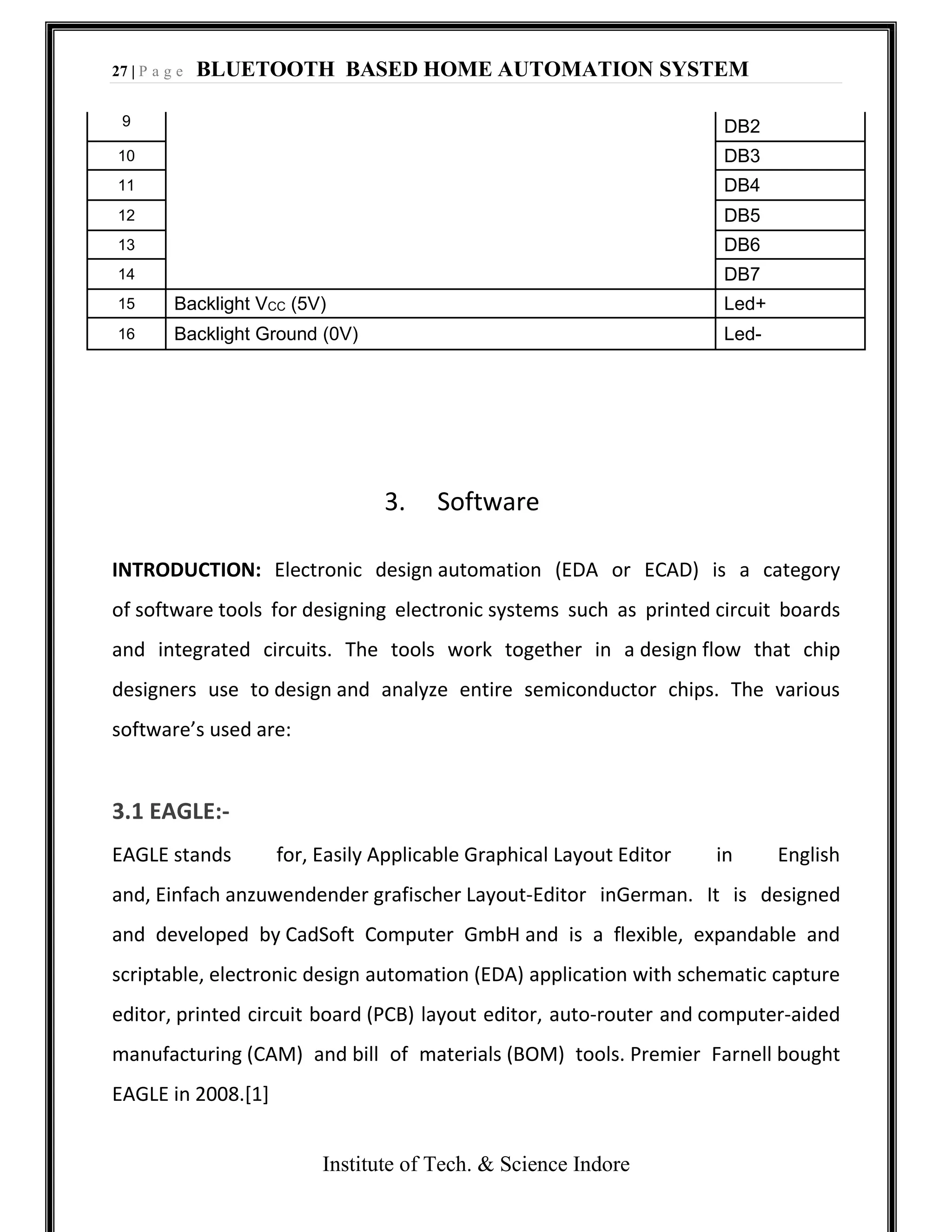 27 | P a g e BLUETOOTH BASED HOME AUTOMATION SYSTEM
Institute of Tech. & Science Indore
9 DB2
10 DB3
11 DB4
12 DB5
13 DB6
14 DB7
15 Backlight VCC (5V) Led+
16 Backlight Ground (0V) Led-
3. Software
INTRODUCTION: Electronic design automation (EDA or ECAD) is a category
of software tools for designing electronic systems such as printed circuit boards
and integrated circuits. The tools work together in a design flow that chip
designers use to design and analyze entire semiconductor chips. The various
software’s used are:
3.1 EAGLE:-
EAGLE stands for, Easily Applicable Graphical Layout Editor in English
and, Einfach anzuwendender grafischer Layout-Editor inGerman. It is designed
and developed by CadSoft Computer GmbH and is a flexible, expandable and
scriptable, electronic design automation (EDA) application with schematic capture
editor, printed circuit board (PCB) layout editor, auto-router and computer-aided
manufacturing (CAM) and bill of materials (BOM) tools. Premier Farnell bought
EAGLE in 2008.[1]
 